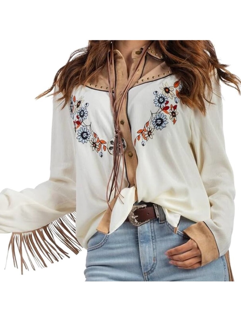 John Moon Texas Suede Fringe Western Long Sleeve Shirt Studs Embroidery Cowgirl - Picture 2 of 8